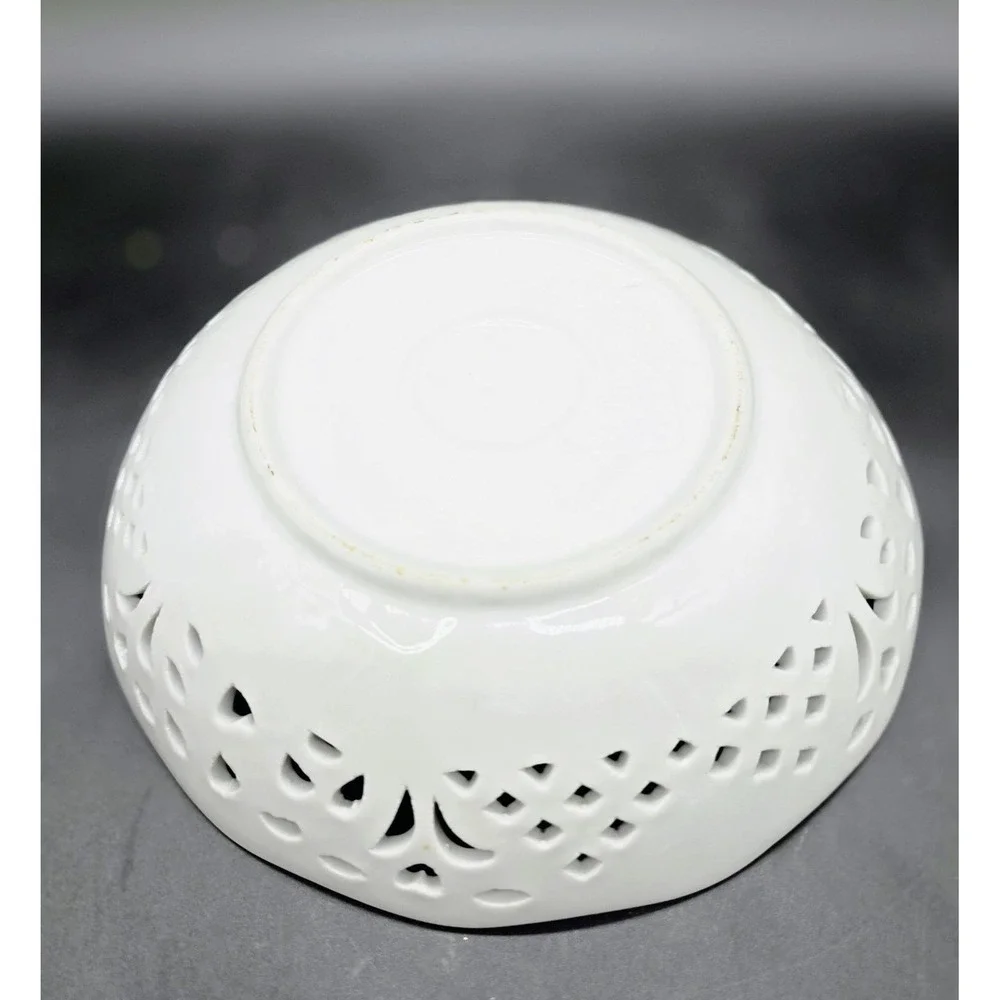 Vintage Hand Painted Pierced Porcelain Bowl Candy Dish Bird Swallow 7.75